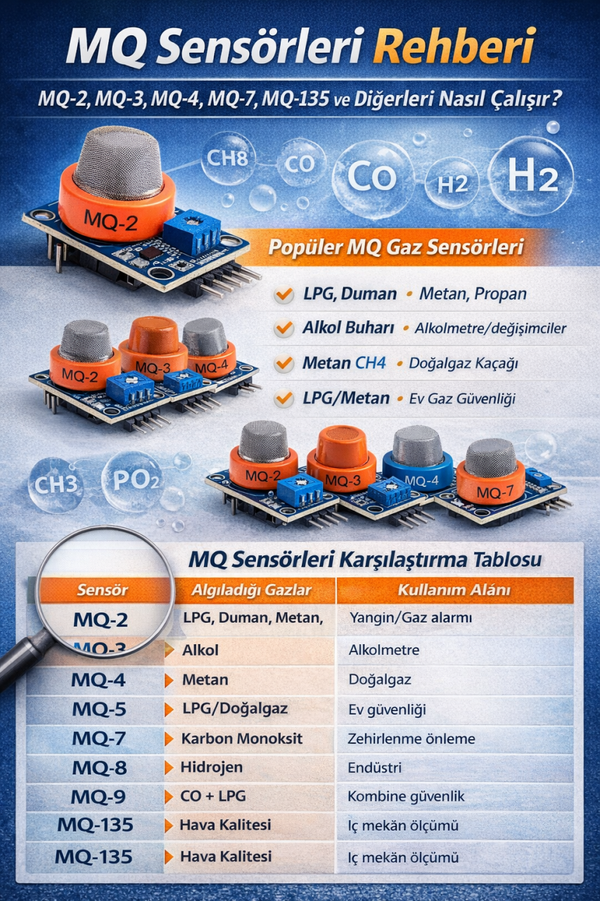 MQ Gaz Sensörleri Nedir? MQ-2, MQ-3, MQ-4, MQ-7, MQ-135 ve Tüm MQ Ailesi Detaylı İncelemesi 