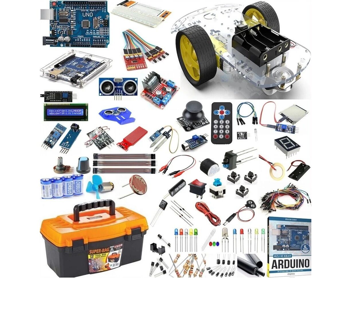 Arduino Uno Full Başlangıç Seti 2WD Robot Araba 113 Parça 377 Adet