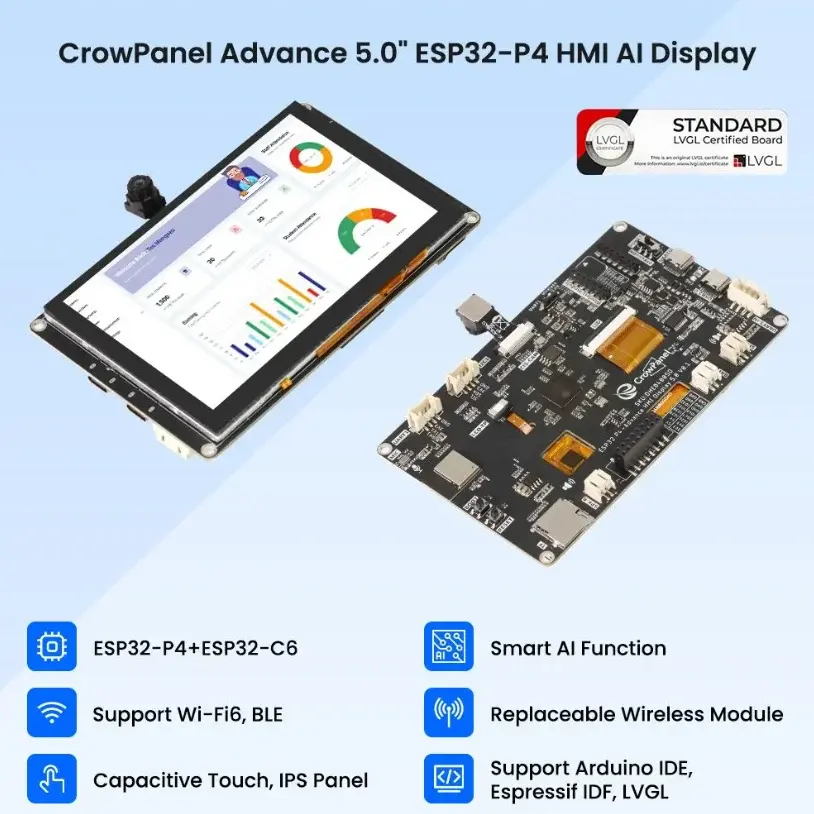 Elecrow CrowPanel Advanced 5'' ESP32-P4 HMI AI Dokunmatik IPS Ekran 800x480 Wi-Fi 6